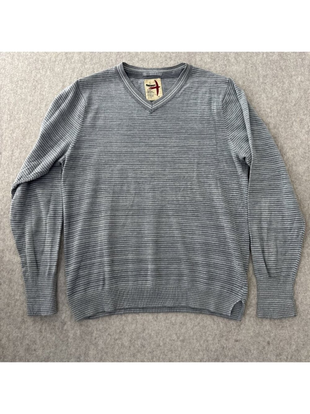 Relwen Cotton Linen‎ V Neck Sweater Mens Large Gray Stripe Lightweight Knit